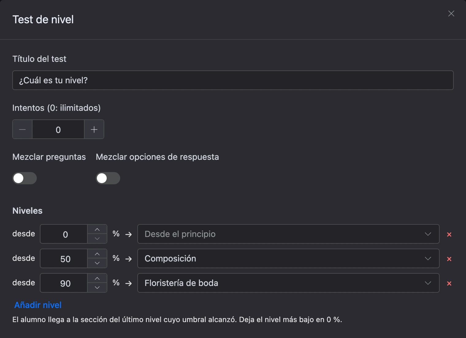 Test de nivel: configuración y niveles