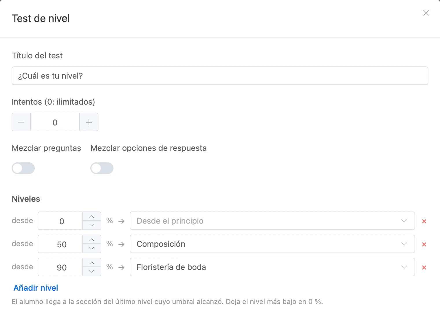 Test de nivel: configuración y niveles