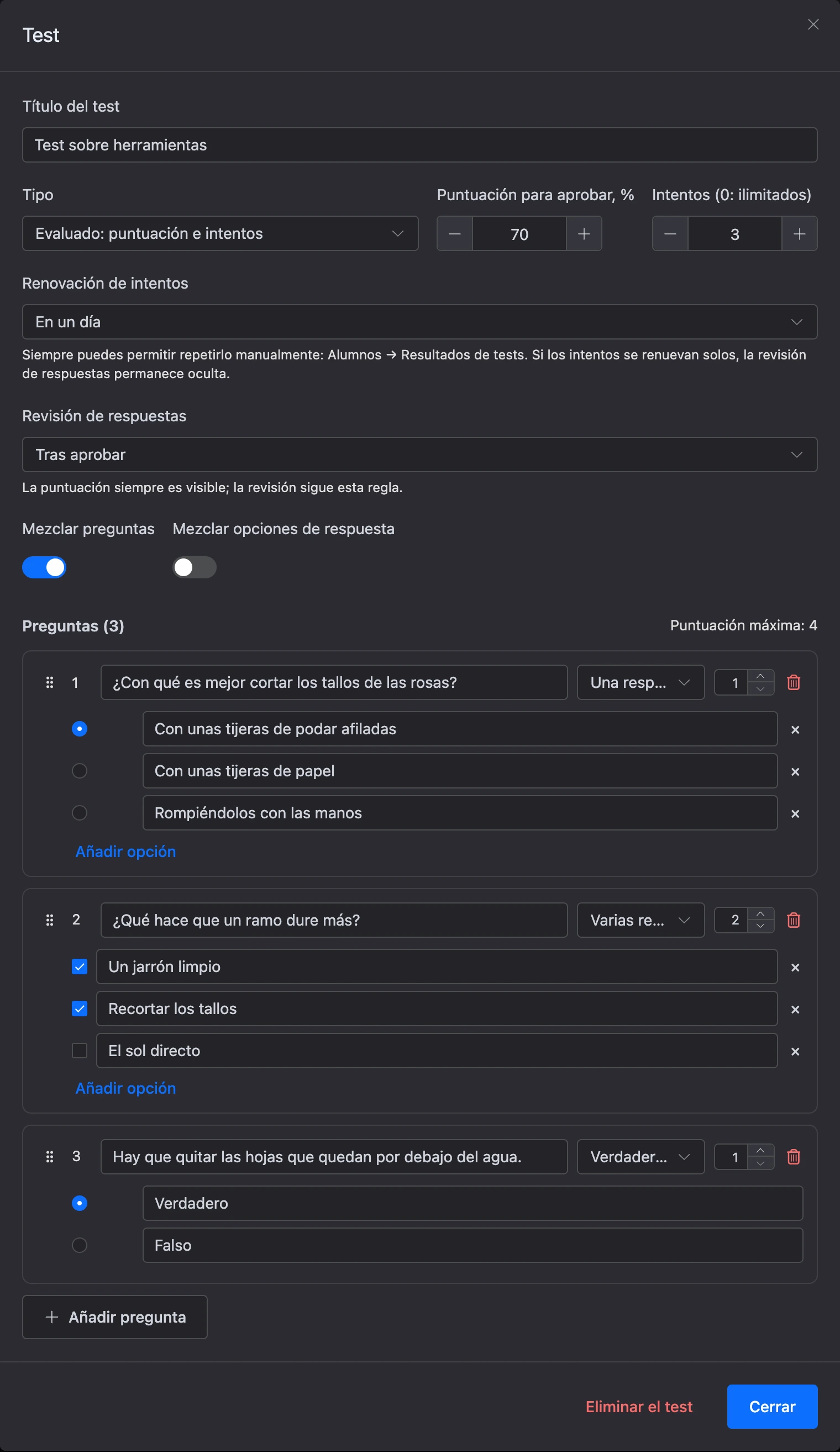 La ventana Test: configuración del test y preguntas