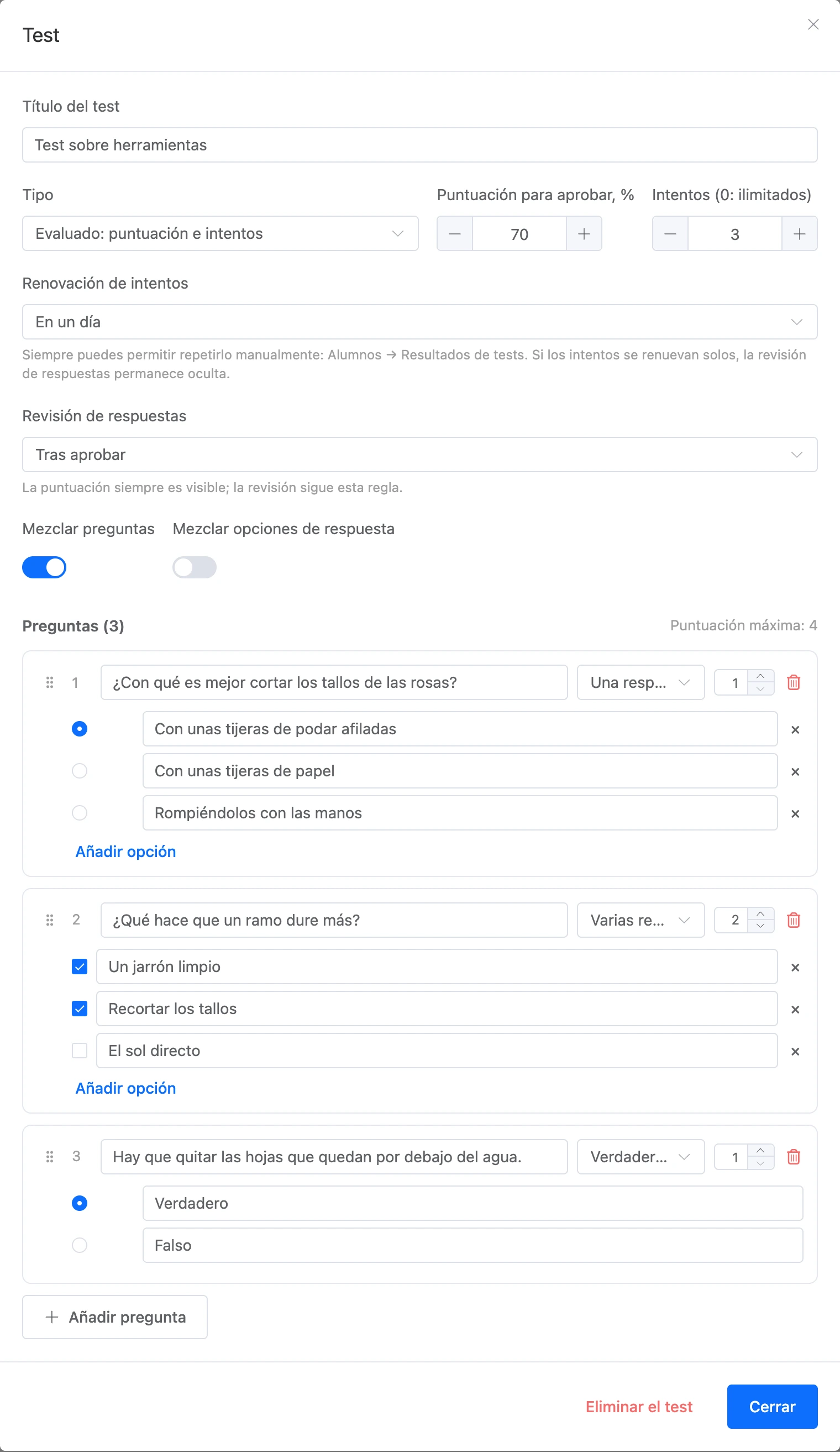 La ventana Test: configuración del test y preguntas