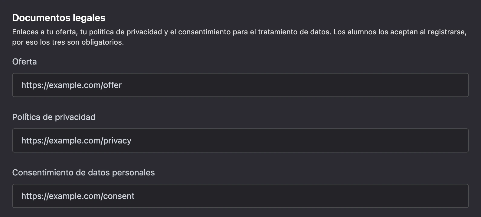 La sección Documentos legales