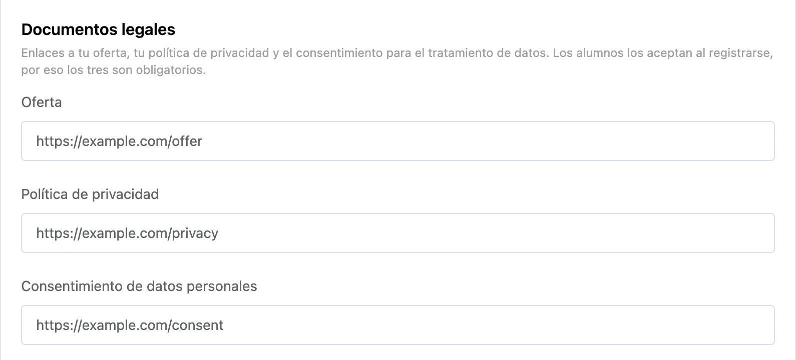 La sección Documentos legales