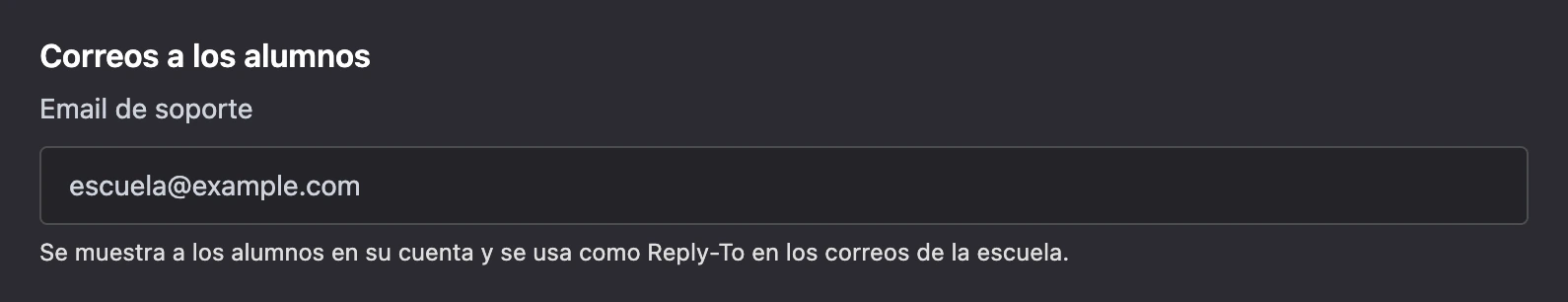 El campo Email de soporte