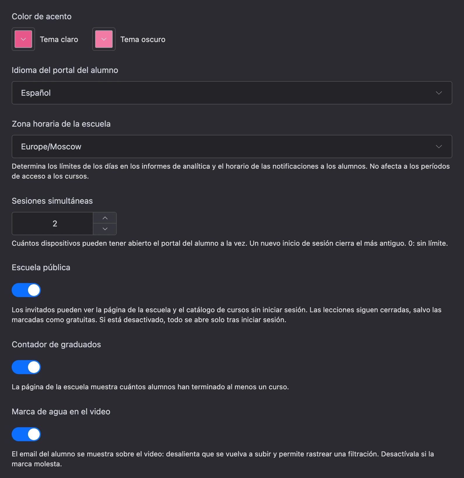 Diseño del portal, idioma, zona horaria e interruptores