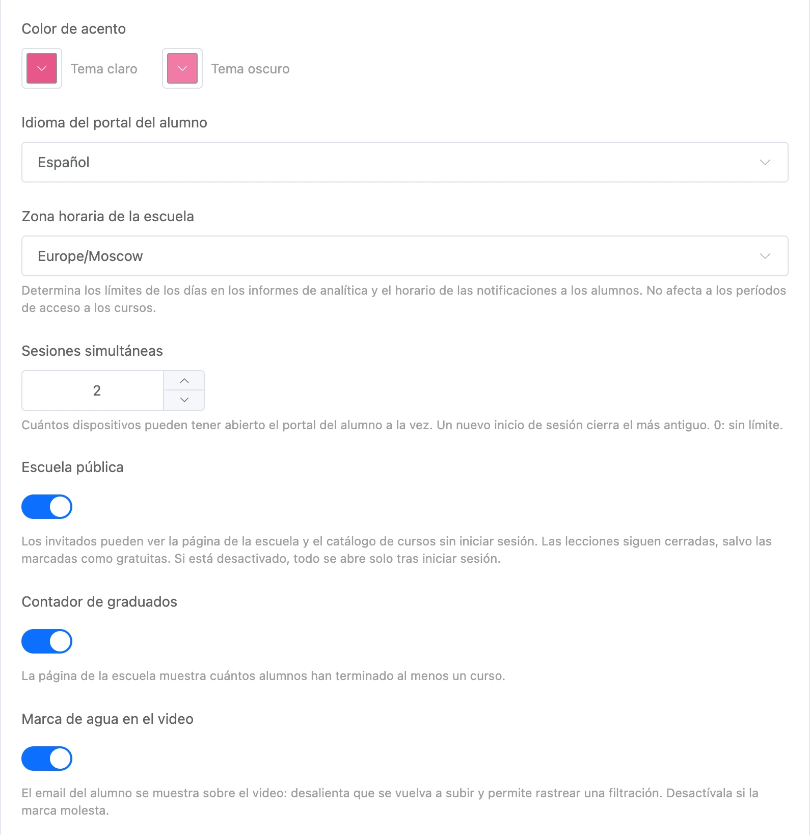 Diseño del portal, idioma, zona horaria e interruptores