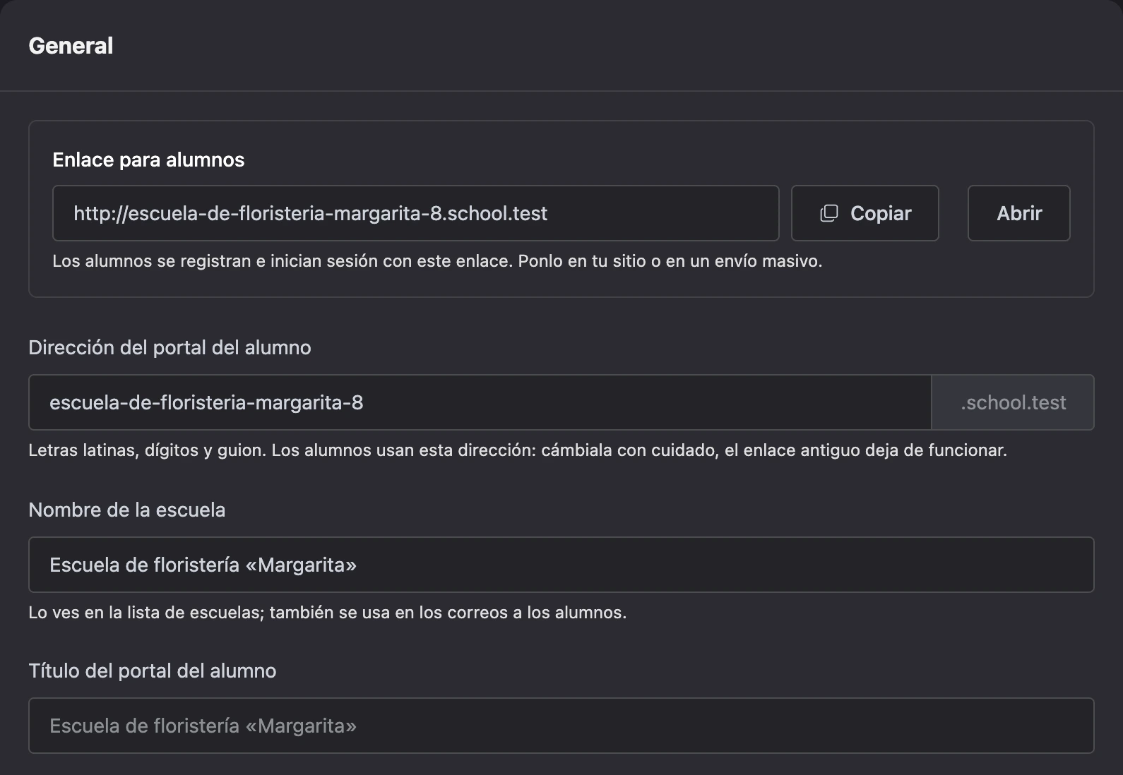 El enlace para alumnos y los primeros campos de la configuración principal de la escuela