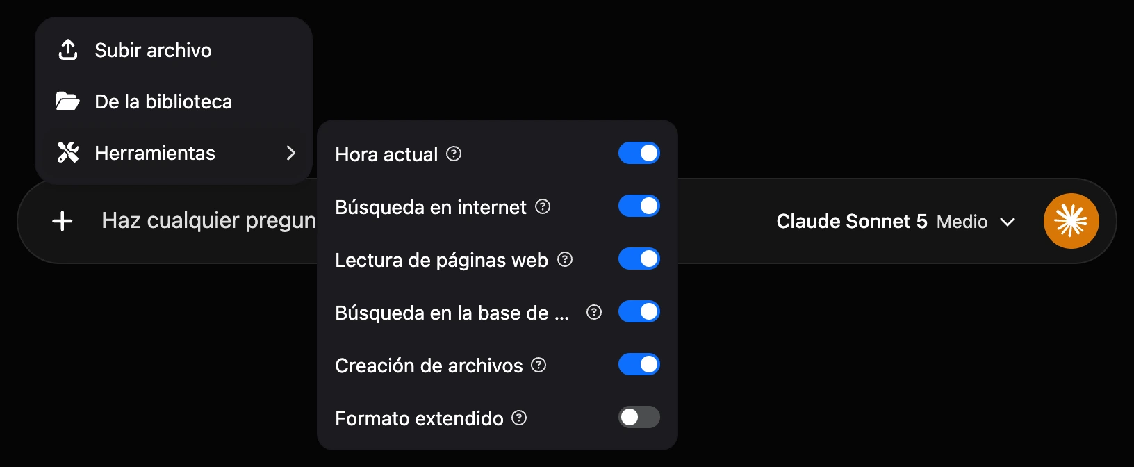 El menú «+» → Herramientas