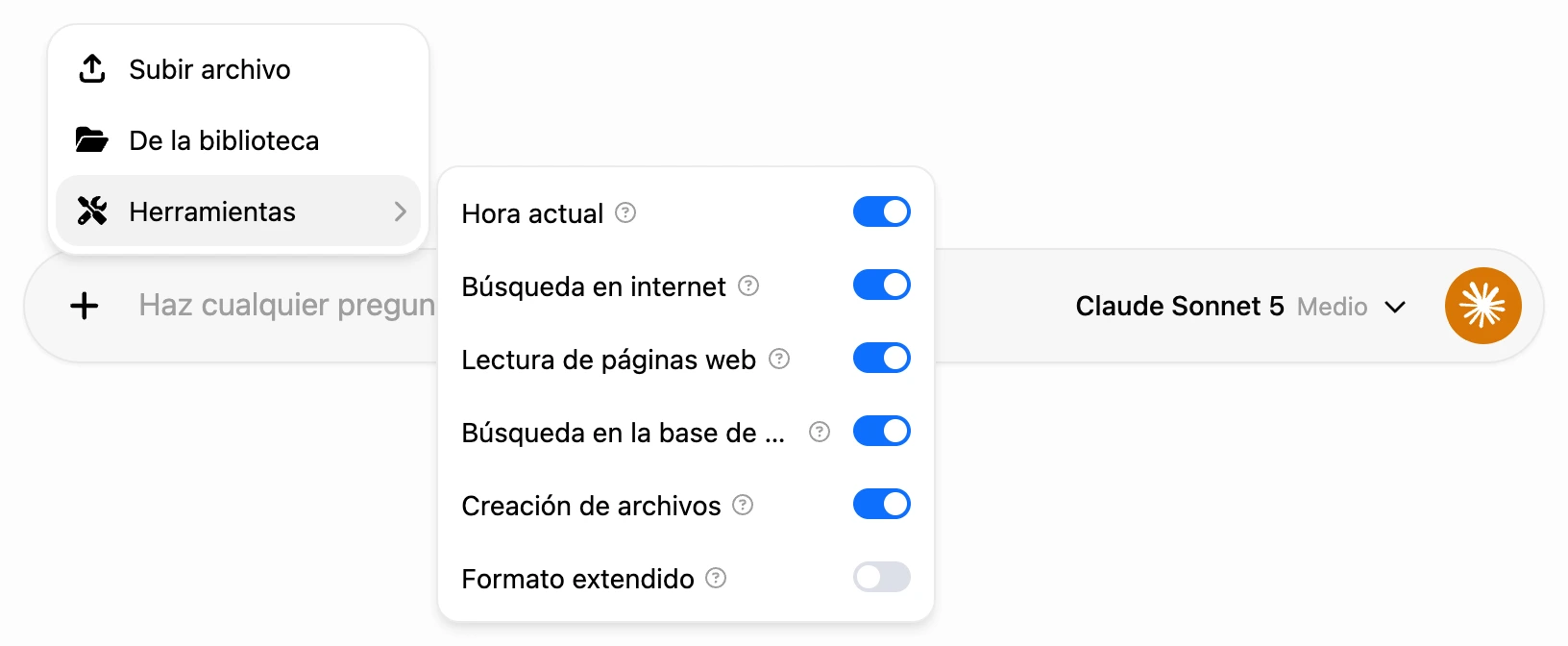 El menú «+» → Herramientas