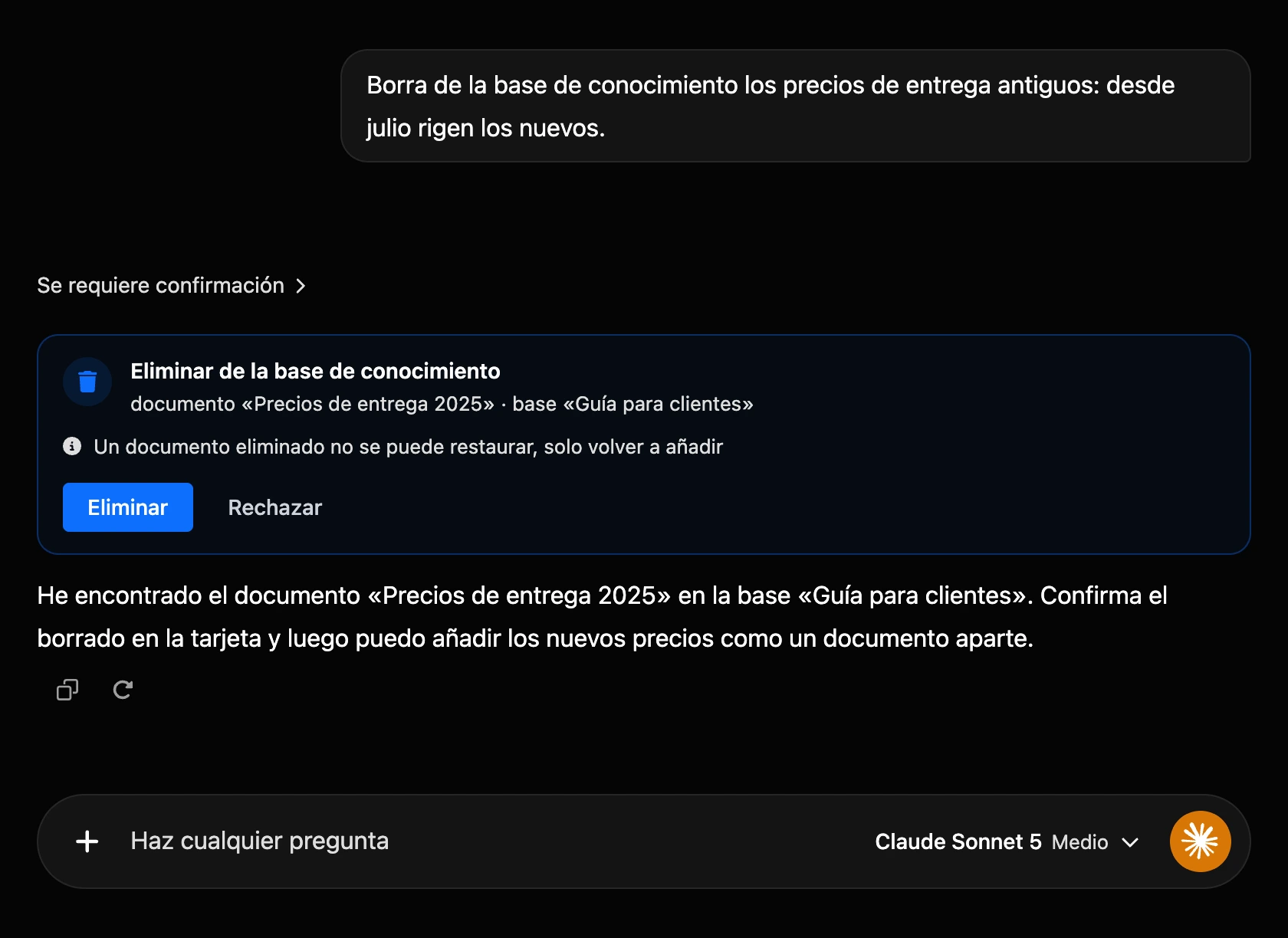 La tarjeta «Eliminar de la base de conocimiento» en la conversación
