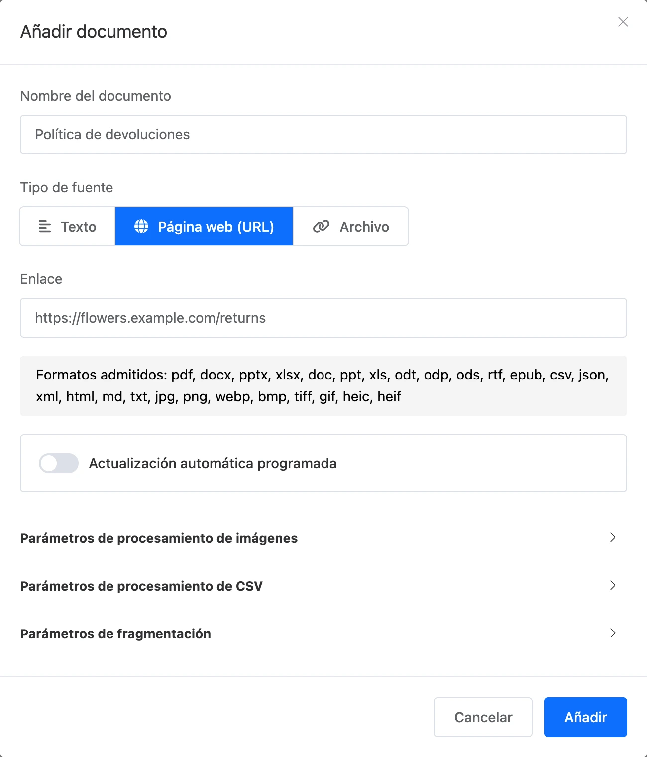 Ventana de nuevo documento: una página web por enlace
