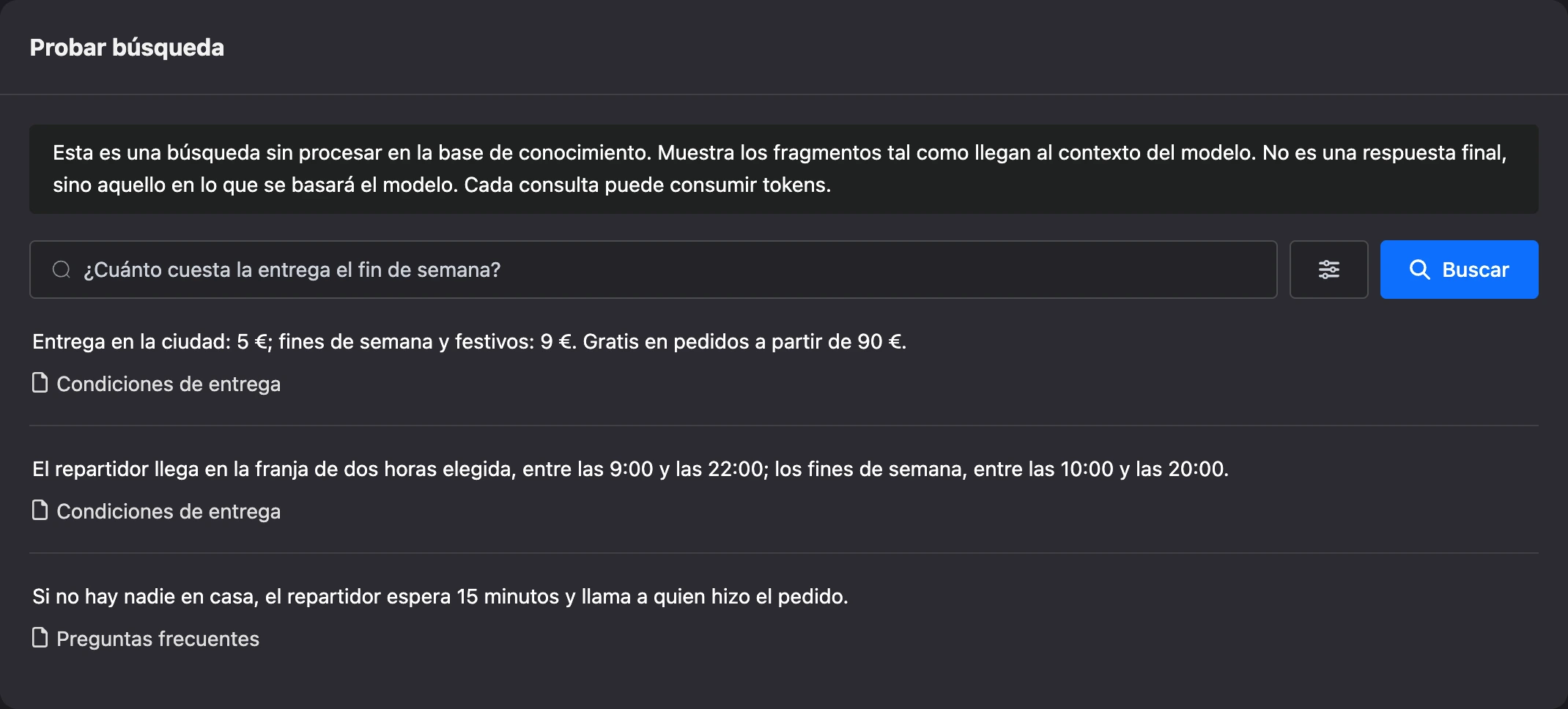 La página Probar búsqueda con los fragmentos encontrados
