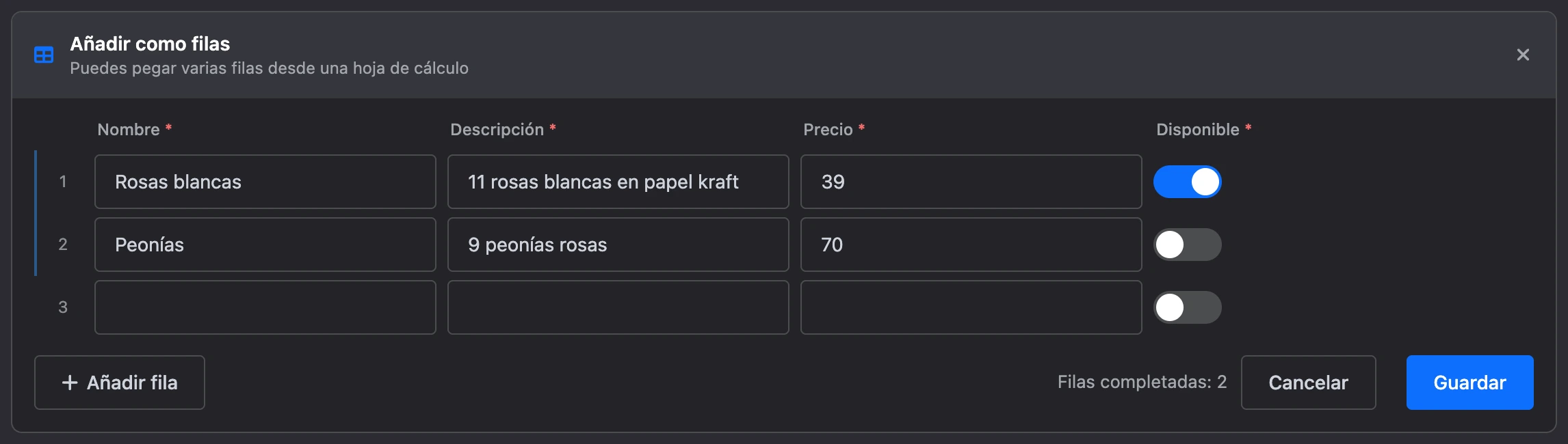 El panel Añadir filas: dos filas rellenas y una vacía