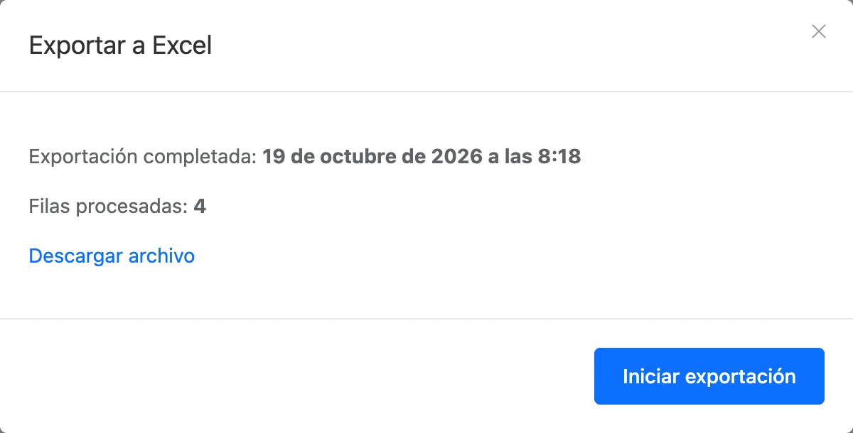 La ventana «Exportar a Excel» tras una exportación: fecha, número de filas y enlace al archivo