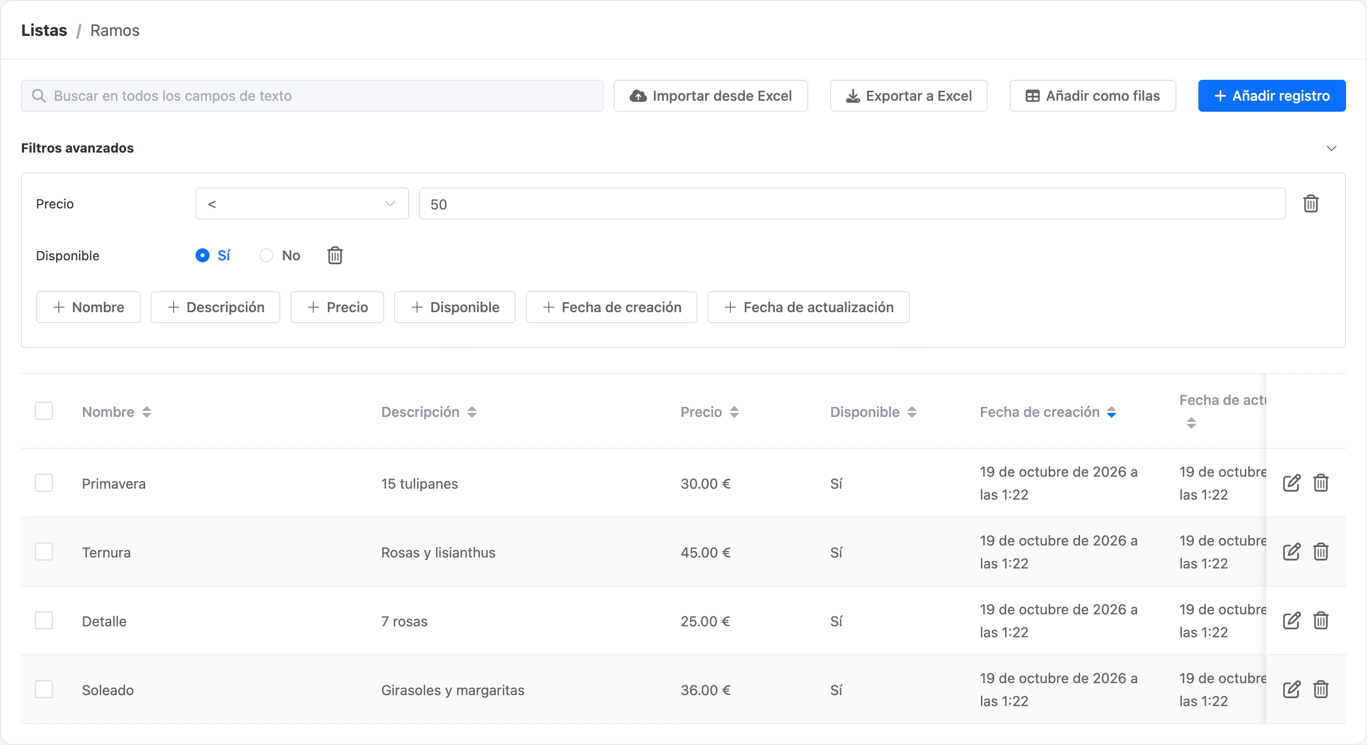 Filtros avanzados: precio menor que 50 y «En stock» — Sí