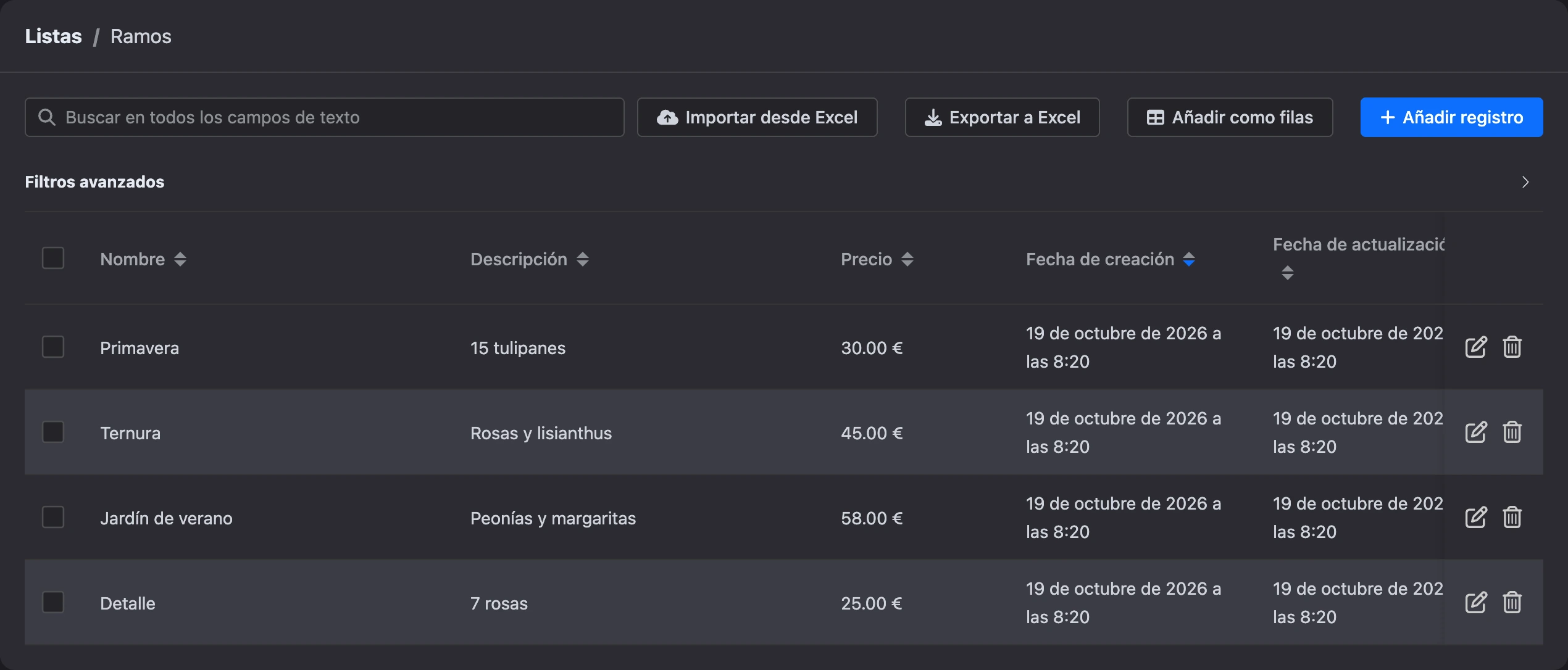 Tabla de registros de la lista con la búsqueda y los botones de importar, exportar y añadir