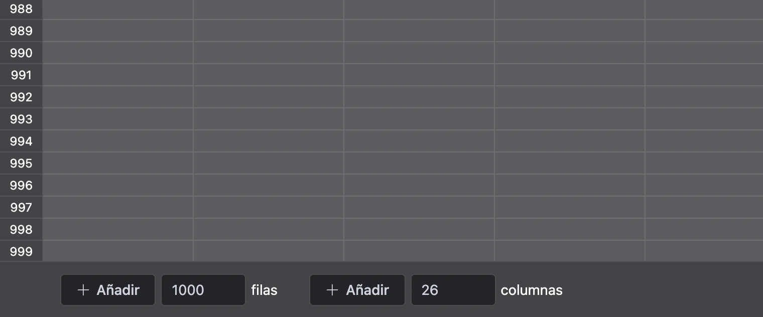 Panel para añadir filas y columnas