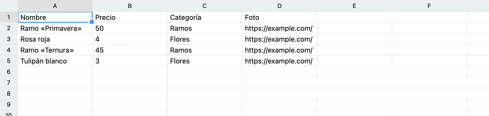 Una hoja para el bot: encabezados en la primera fila, enlaces a fotos en la columna D