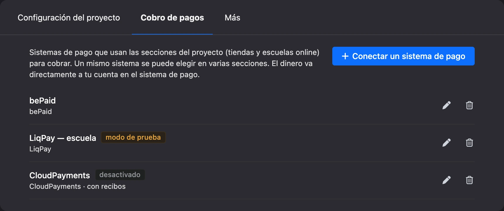 La lista de conexiones con etiquetas