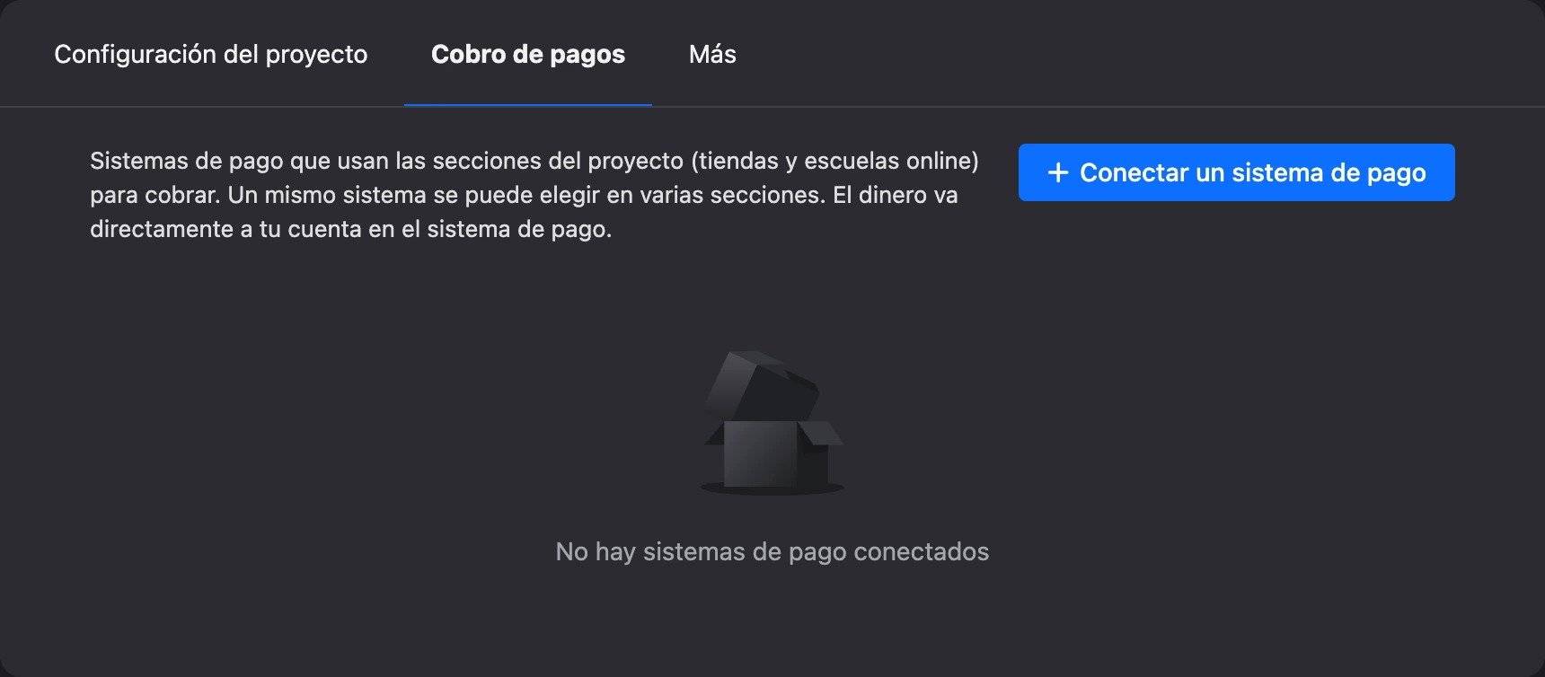 La pestaña Cobro de pagos en la configuración del proyecto