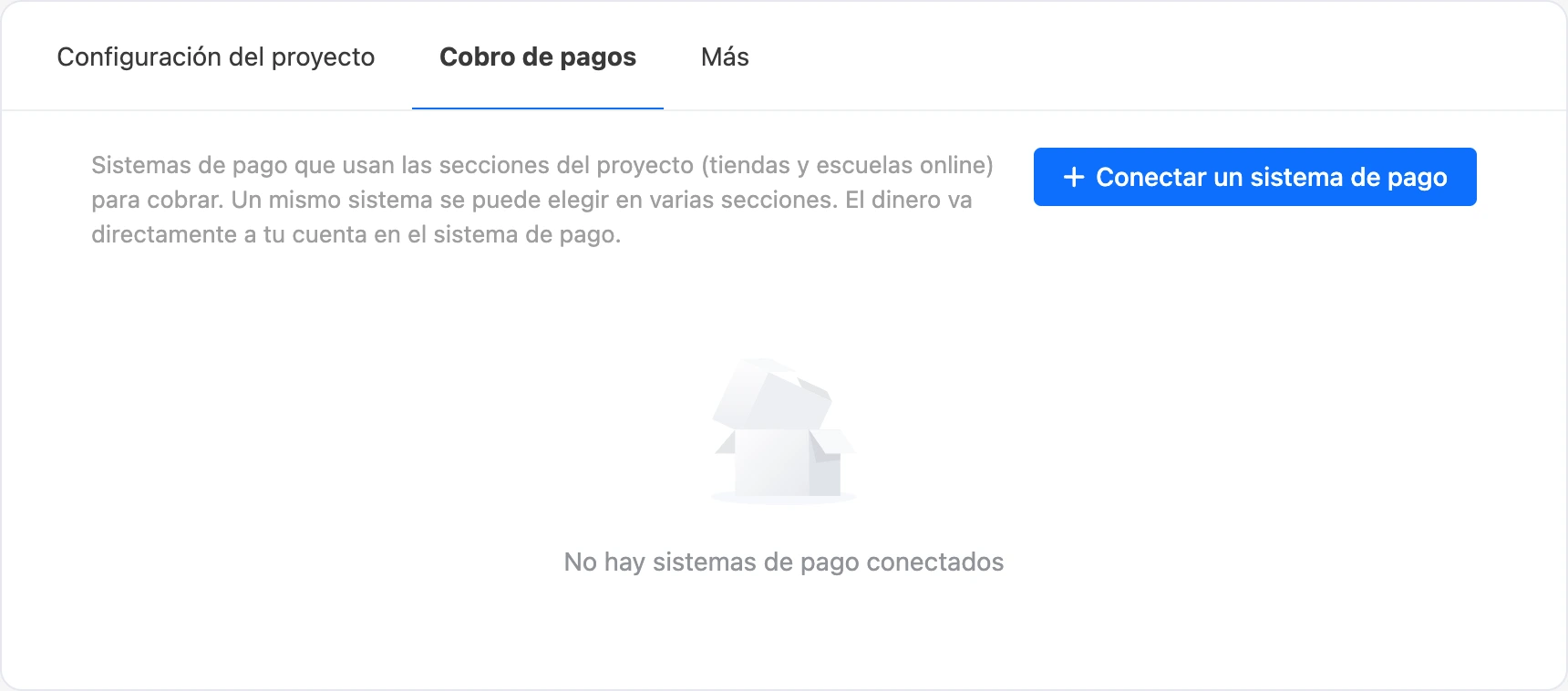 La pestaña Cobro de pagos en la configuración del proyecto