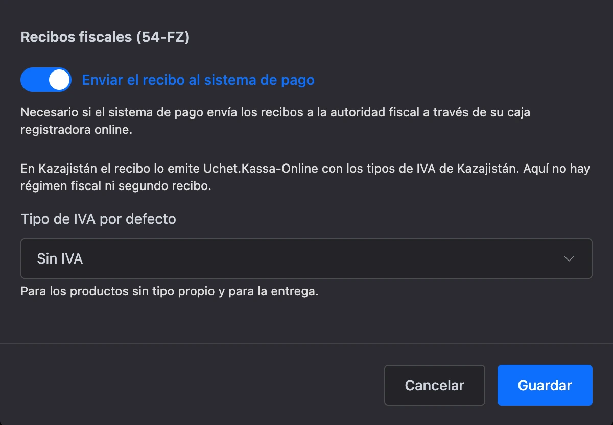 Configuración de recibos de Robokassa para Kazajistán