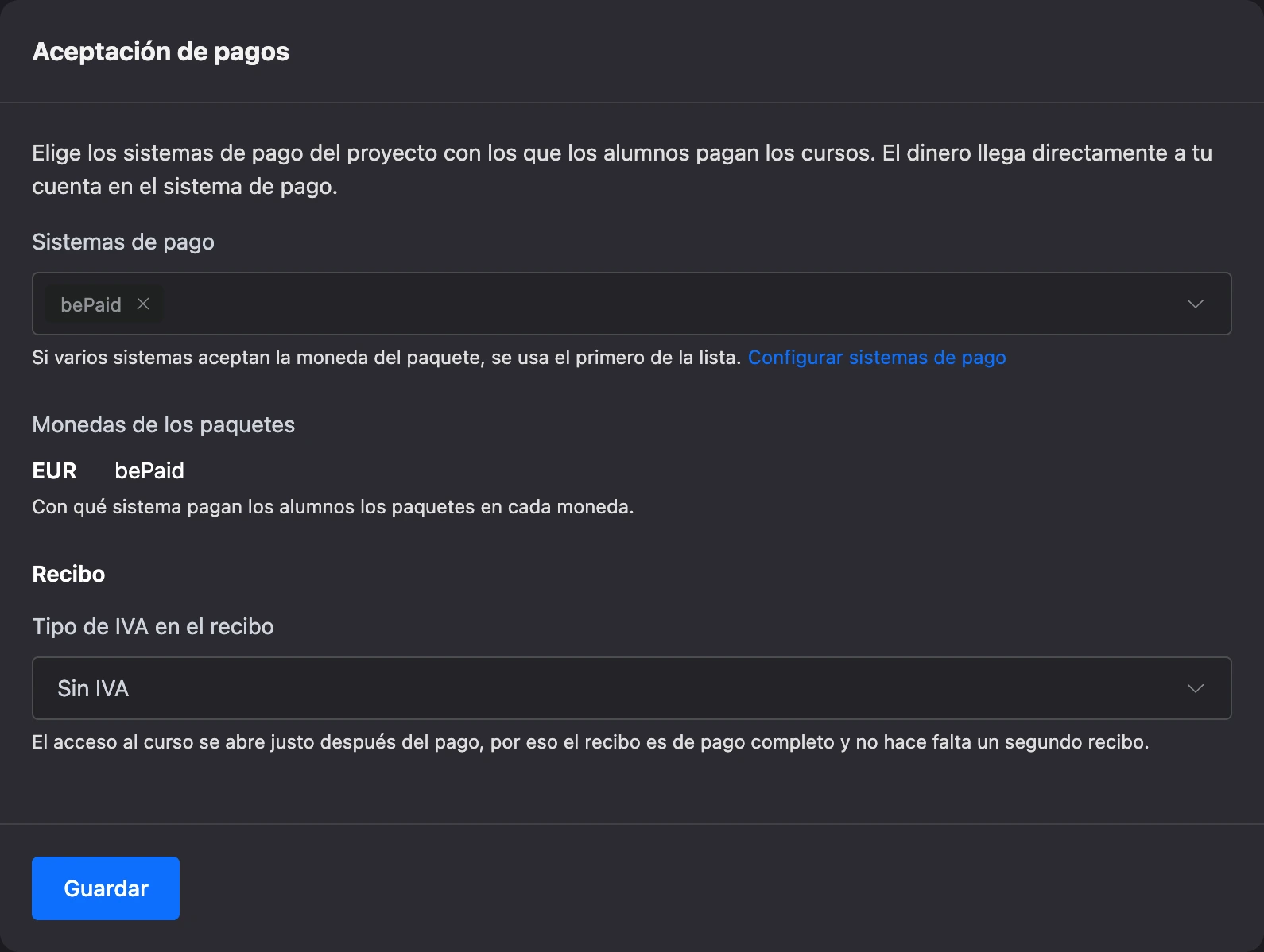 El tipo de IVA del recibo en la configuración de pagos de la escuela