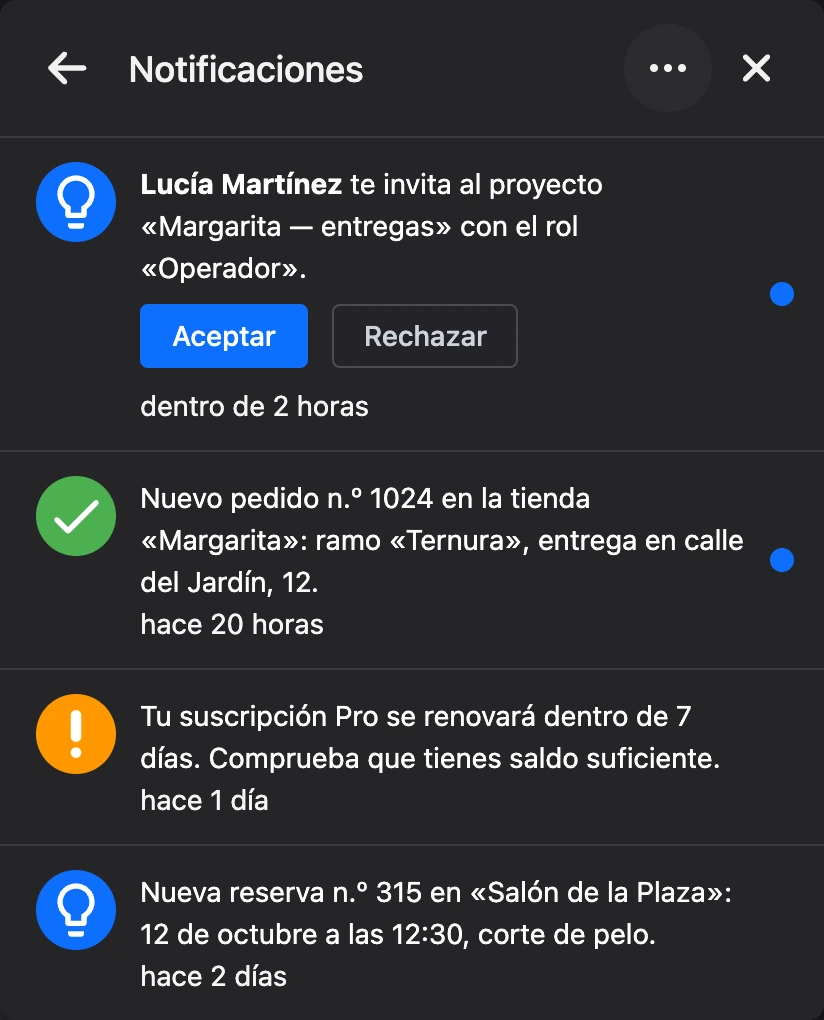 La lista de notificaciones en el menú de la cuenta