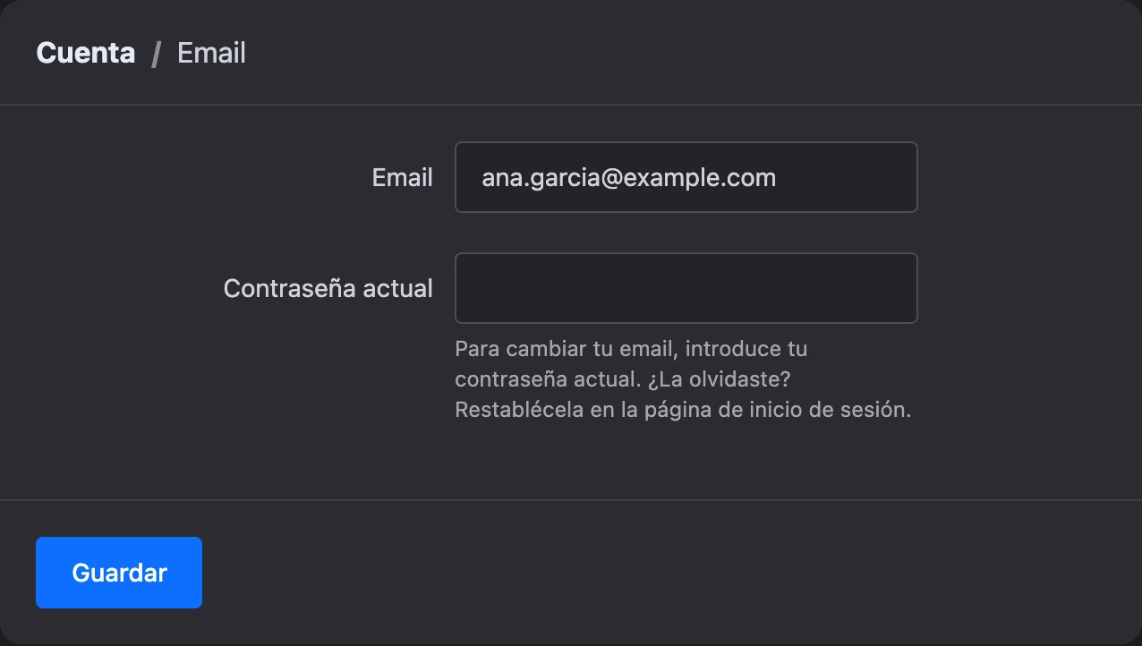 El formulario para cambiar el email