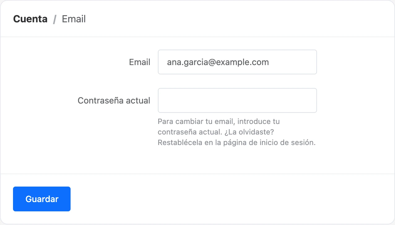 El formulario para cambiar el email