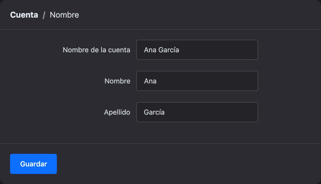 El formulario Nombre: nombre de la cuenta, nombre y apellido