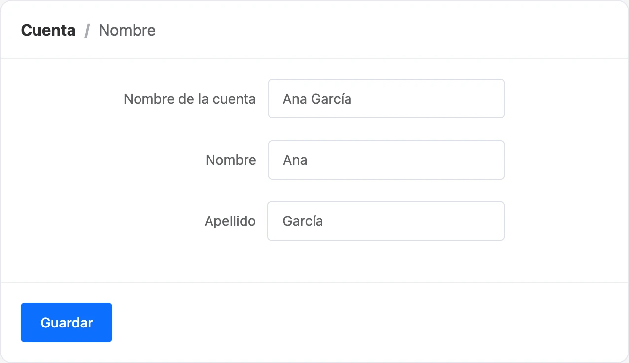 El formulario Nombre: nombre de la cuenta, nombre y apellido