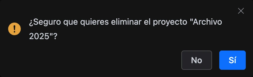 Confirmación antes de eliminar un proyecto