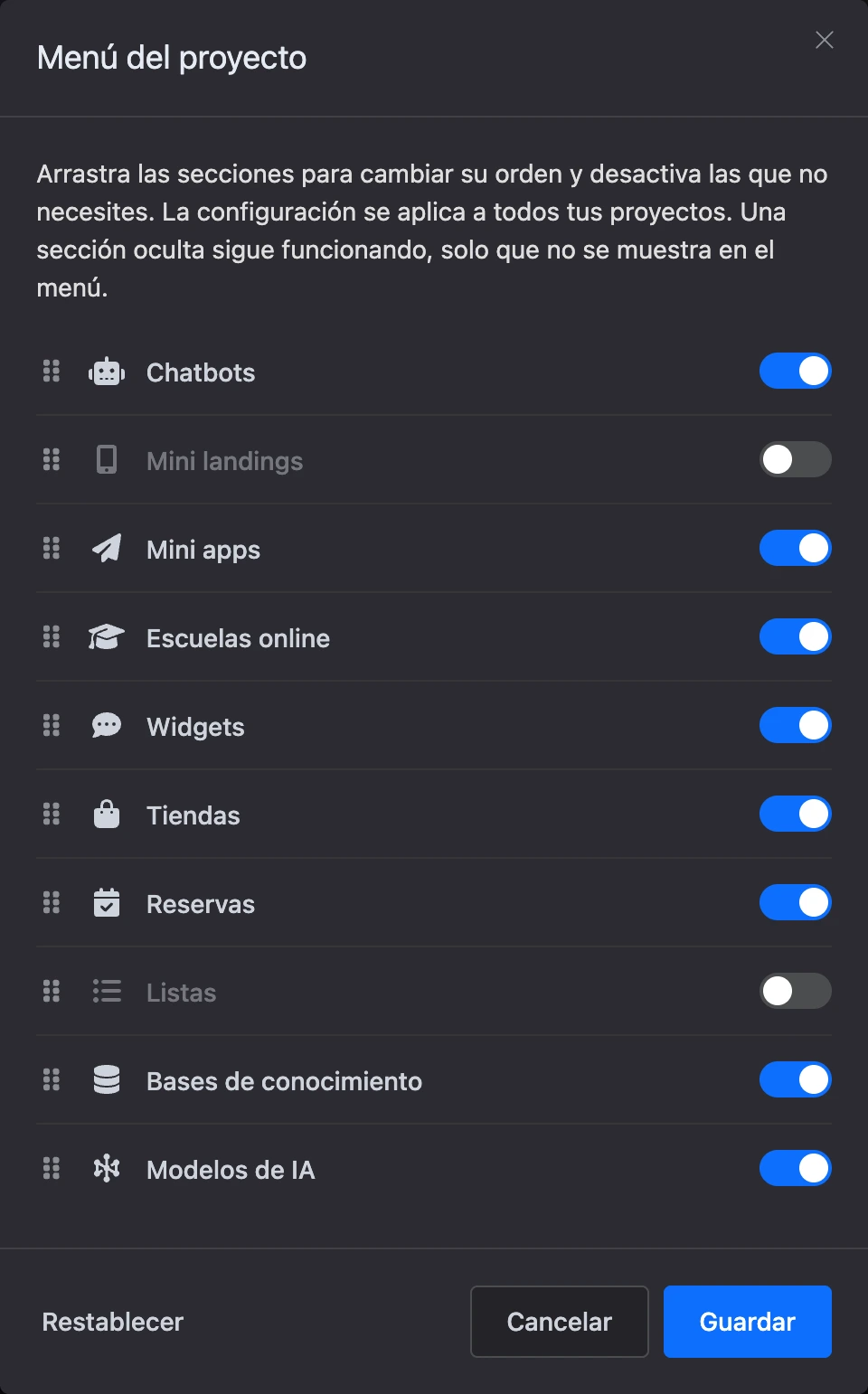 La ventana Menú del proyecto
