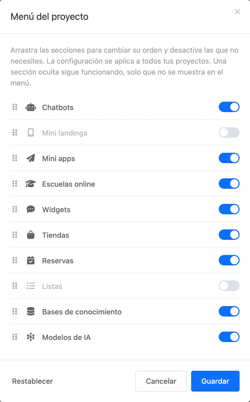 La ventana Menú del proyecto