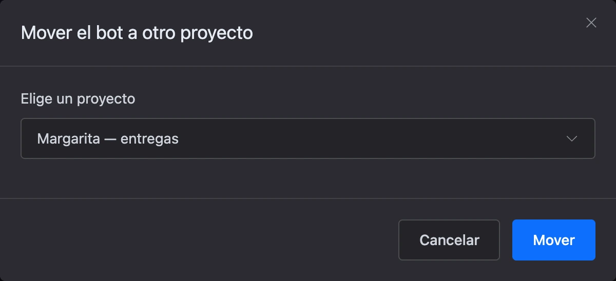 El diálogo para mover a otro proyecto