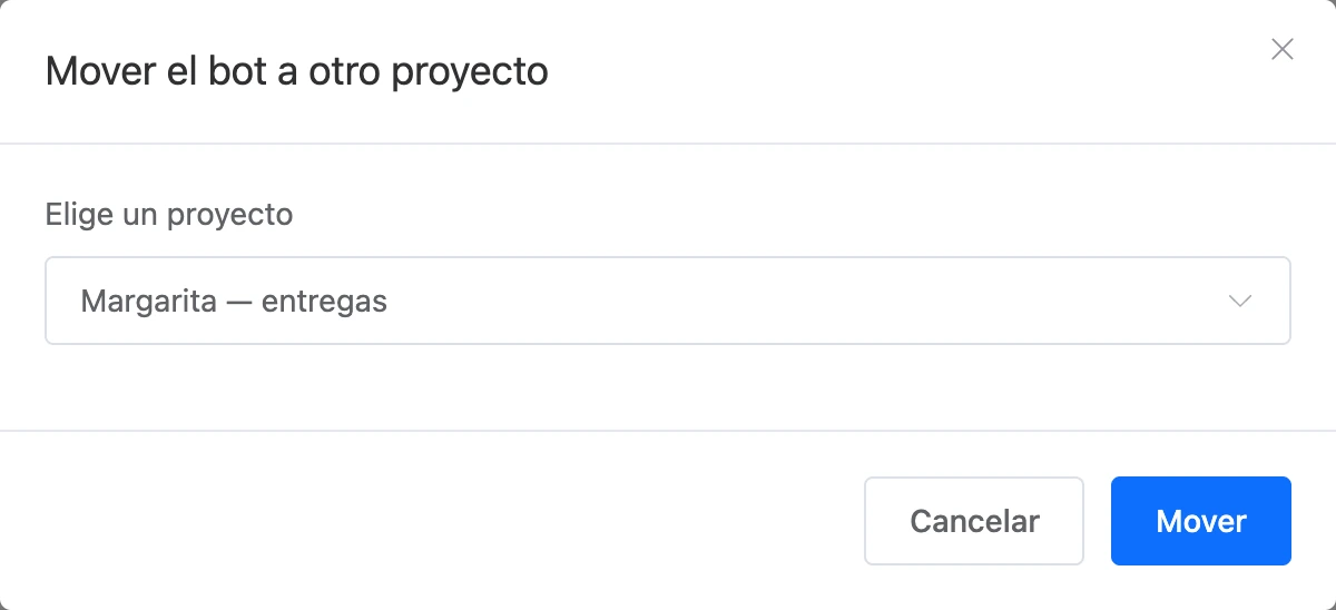 El diálogo para mover a otro proyecto