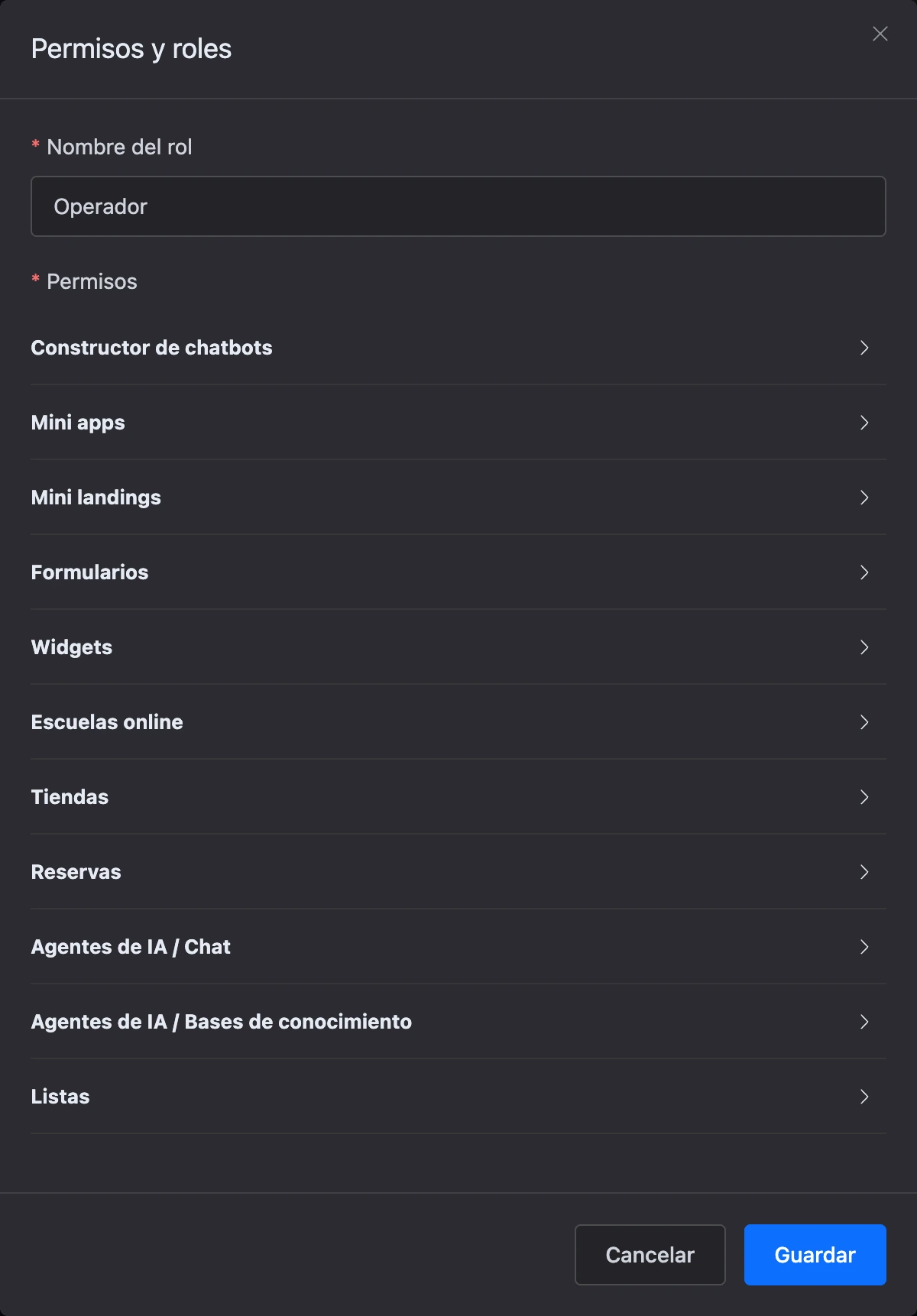 La ventana de un rol nuevo con la lista de secciones