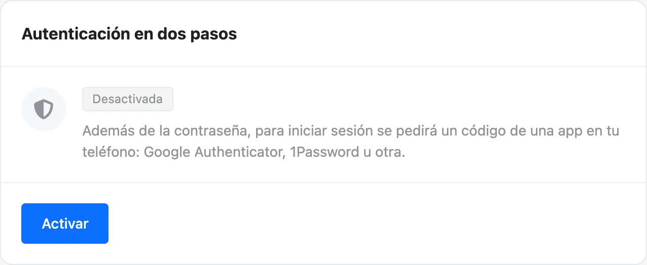 Tarjeta de autenticación en dos pasos en el perfil