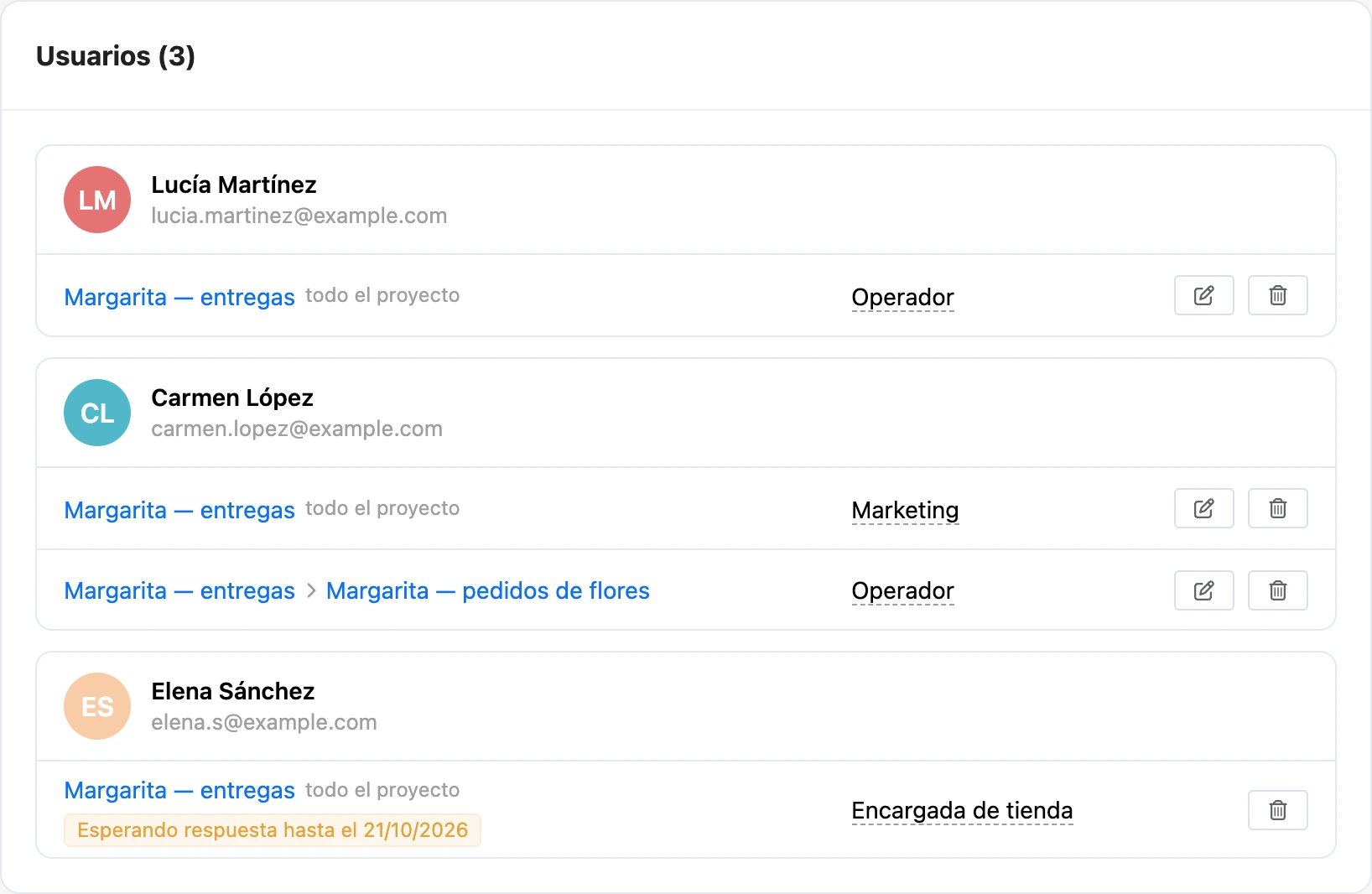 La pestaña Usuarios: miembros del equipo y sus accesos