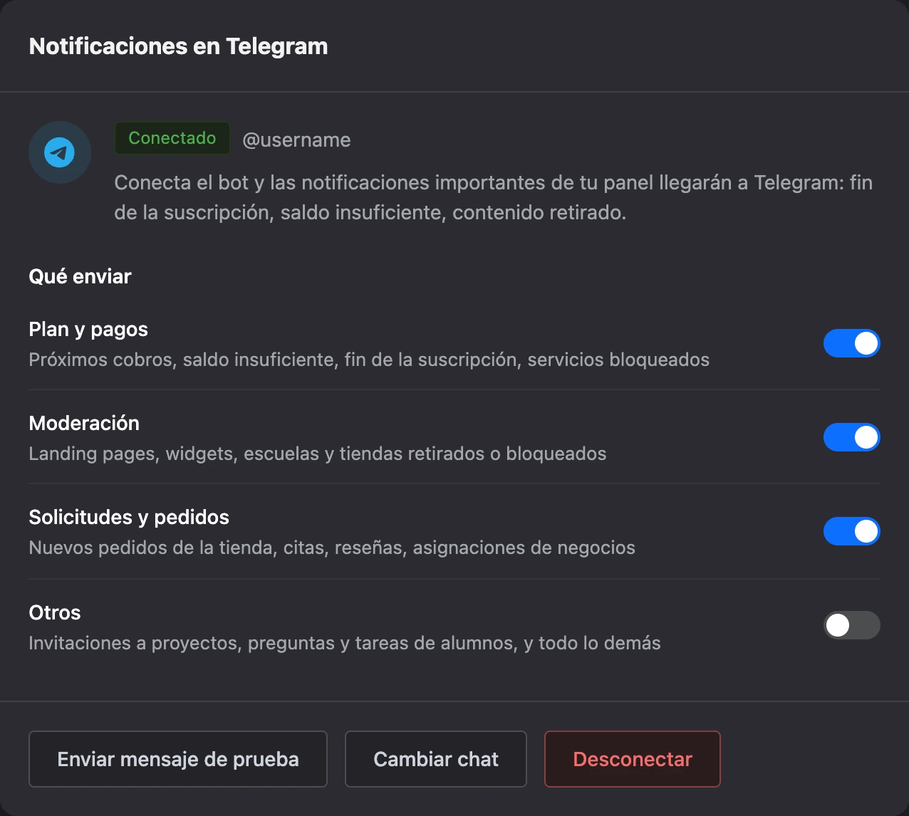 La tarjeta Notificaciones en Telegram
