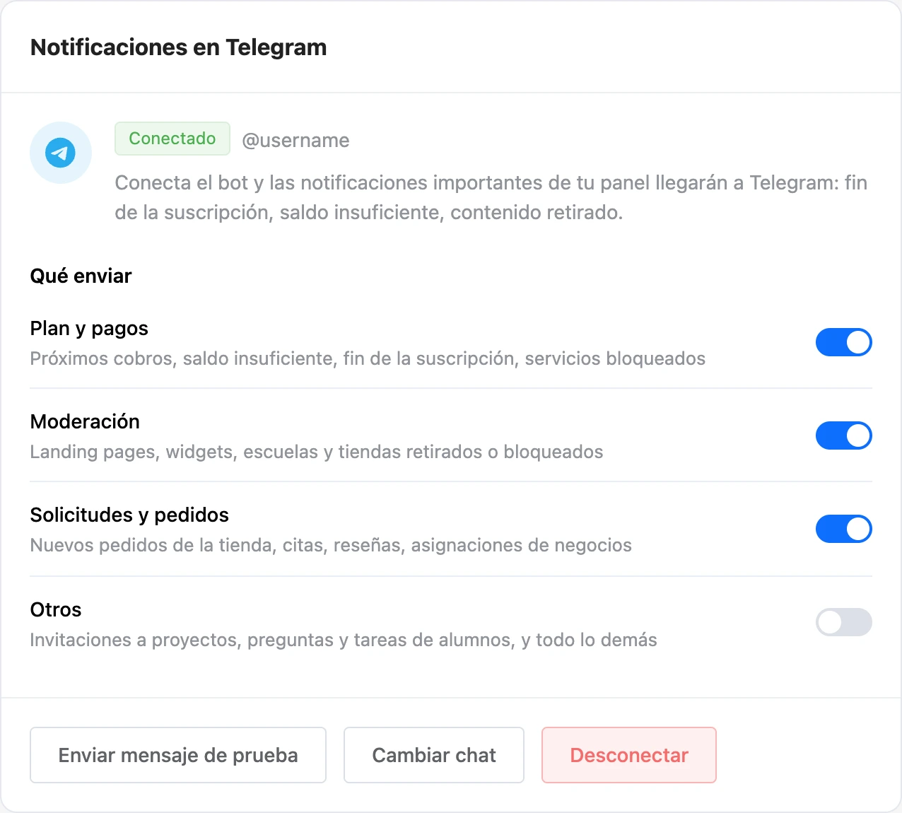 La tarjeta Notificaciones en Telegram