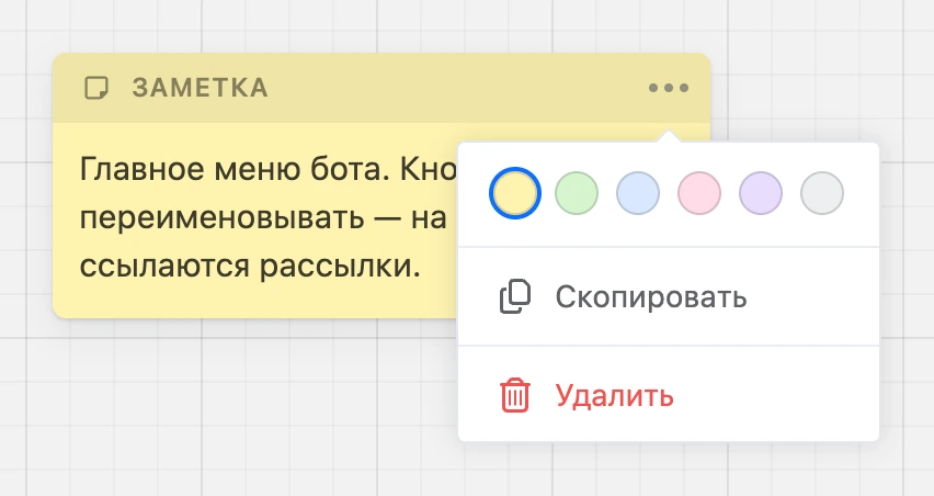 Заметка с открытым меню «⋯»: цвета, «Скопировать» и «Удалить»