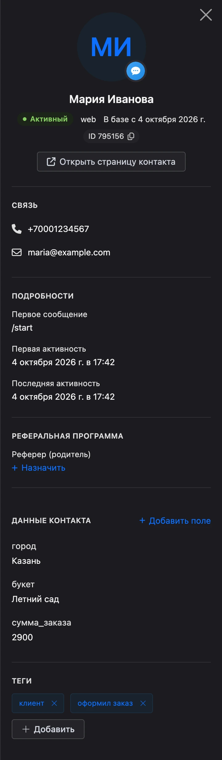 Панель контакта справа от переписки: связь, подробности, данные контакта и теги