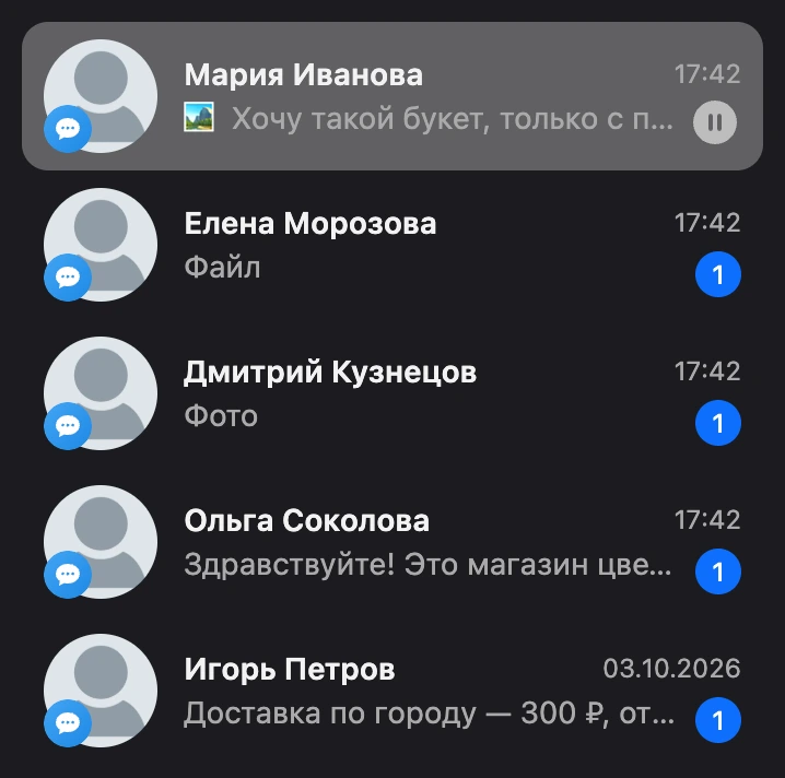 Список диалогов: у каждого контакта значок канала, время или дата последнего сообщения, его начало и число непрочитанных