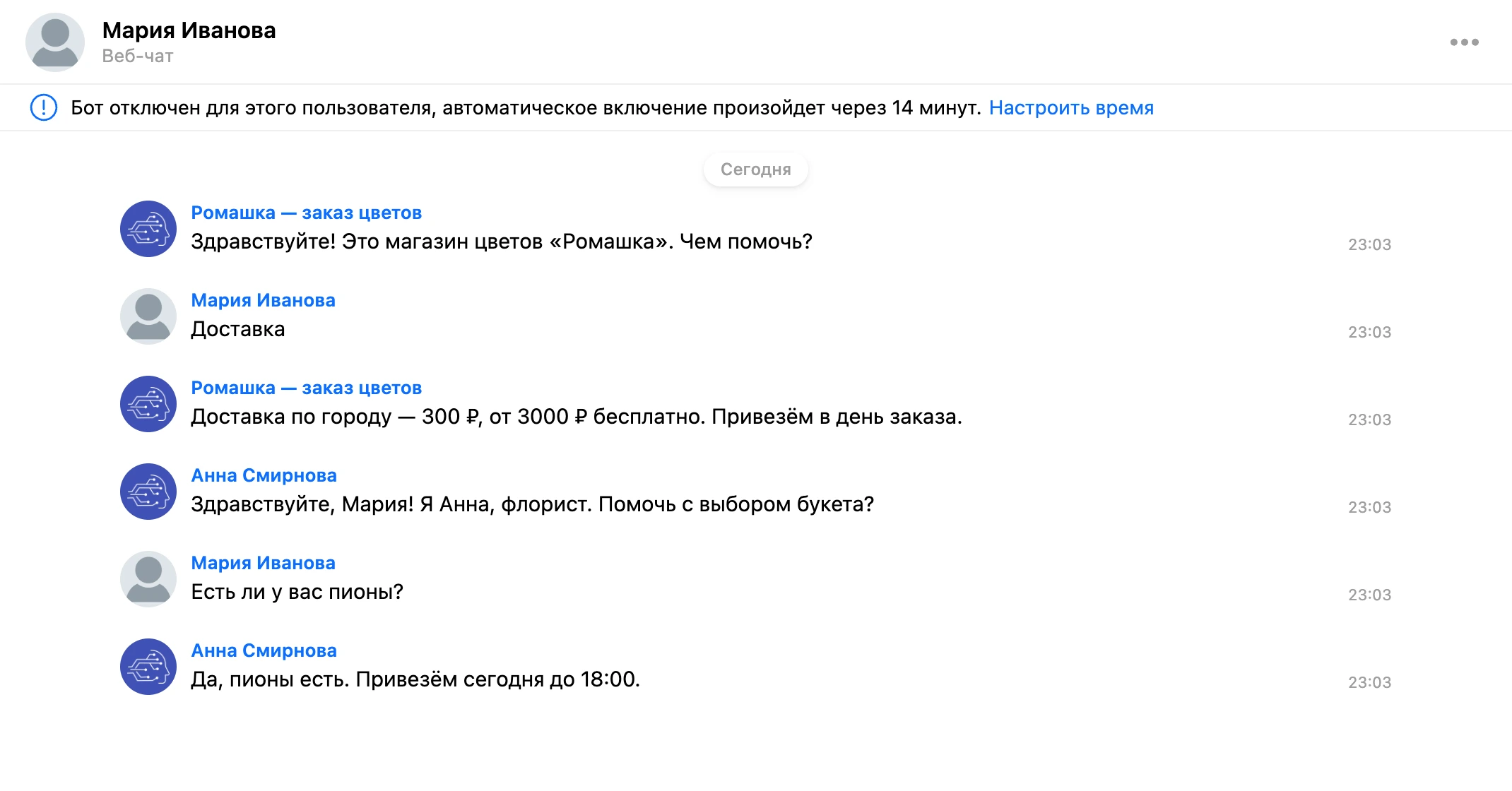 Плашка паузы над перепиской: бот отключён для контакта, рядом ссылка «Настроить время»