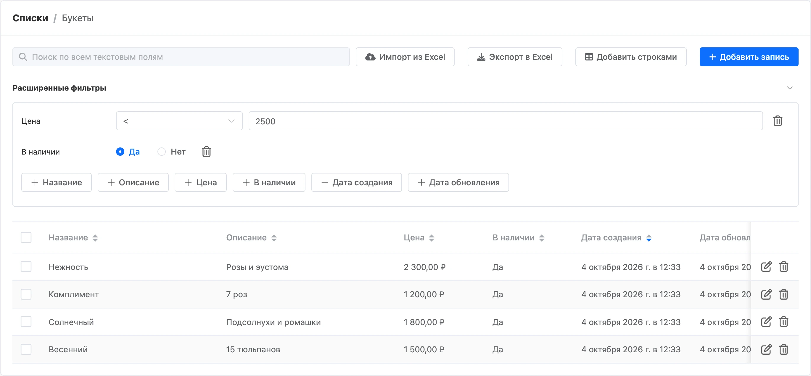 Расширенные фильтры: цена меньше 2500 и «В наличии» — «Да»