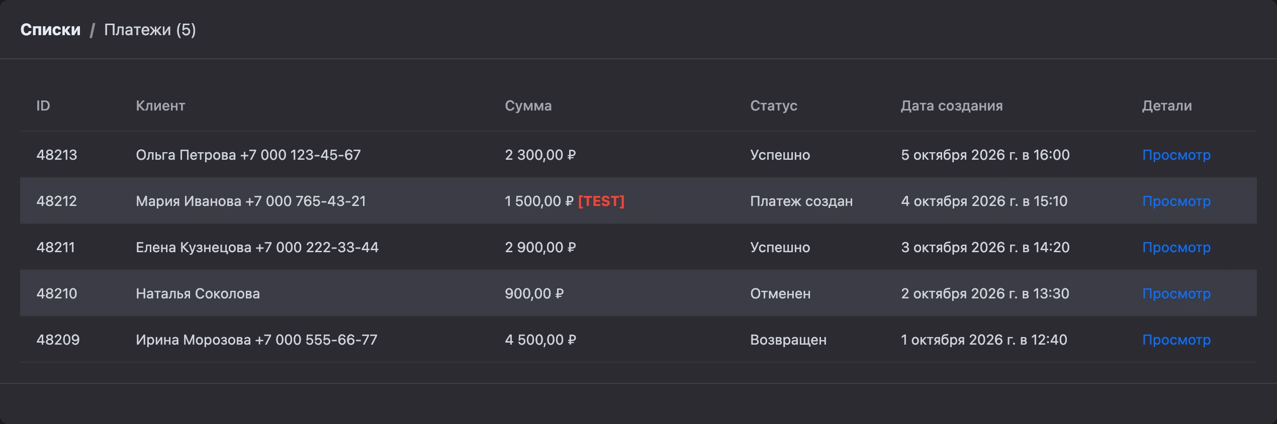 Список платежей бота