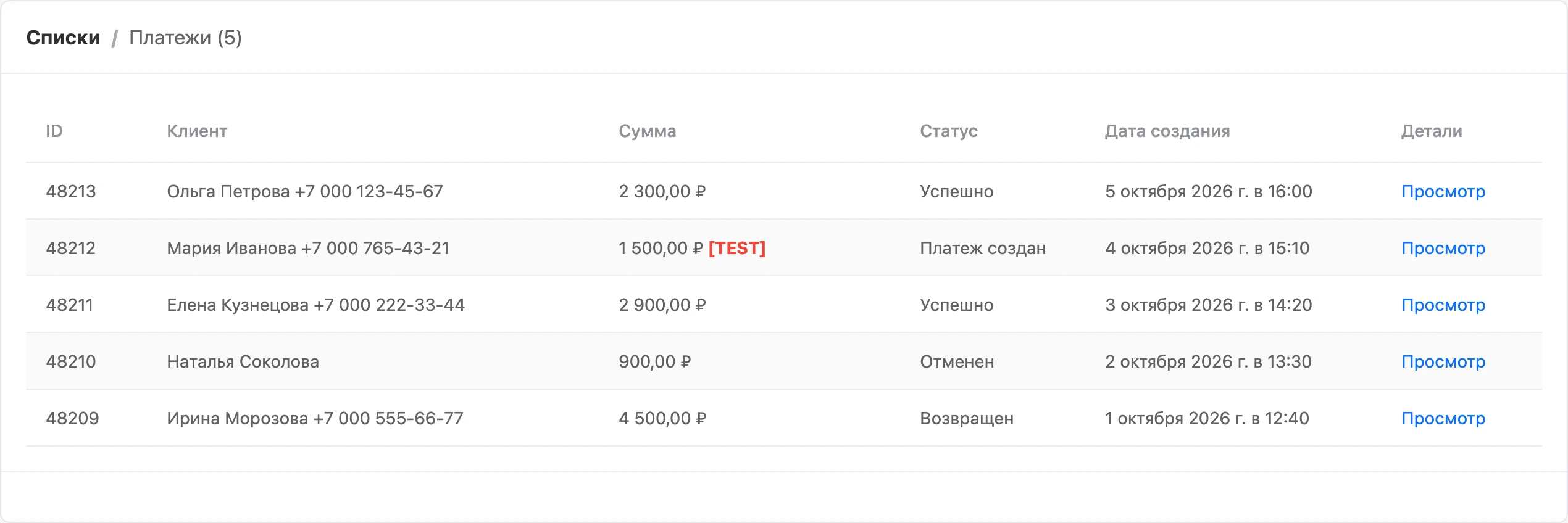 Список платежей бота