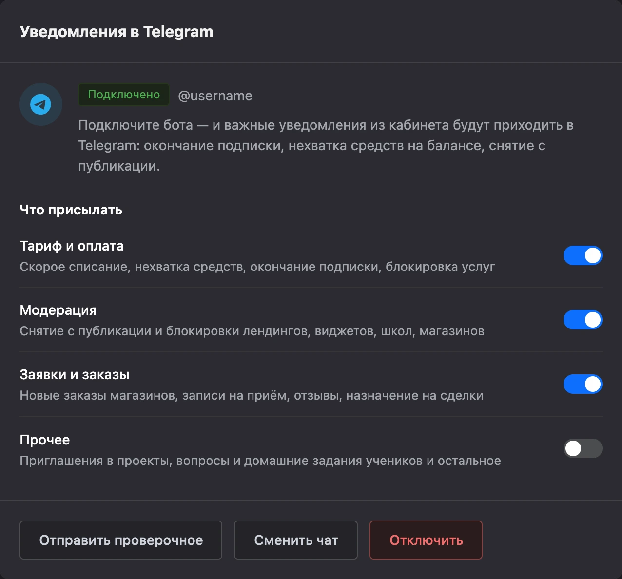 Карточка «Уведомления в Telegram»