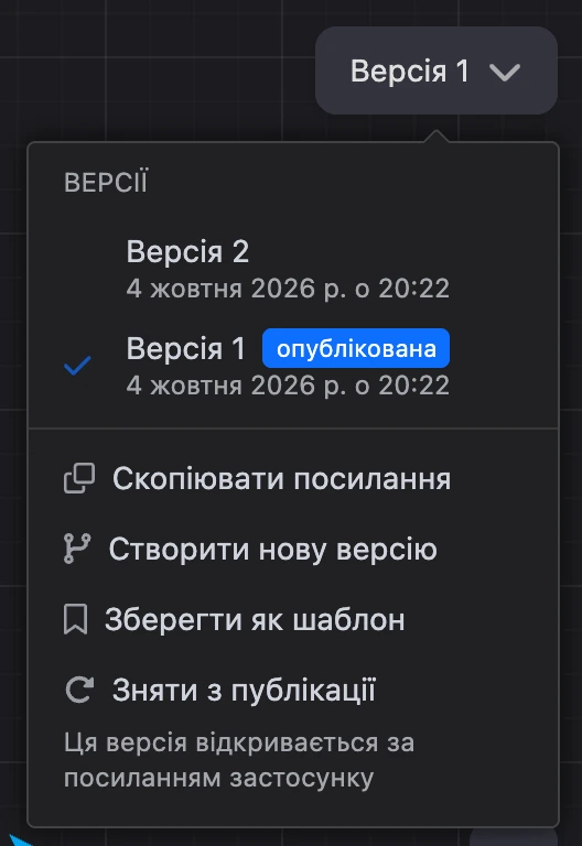 Меню версій: опублікована версія та нова